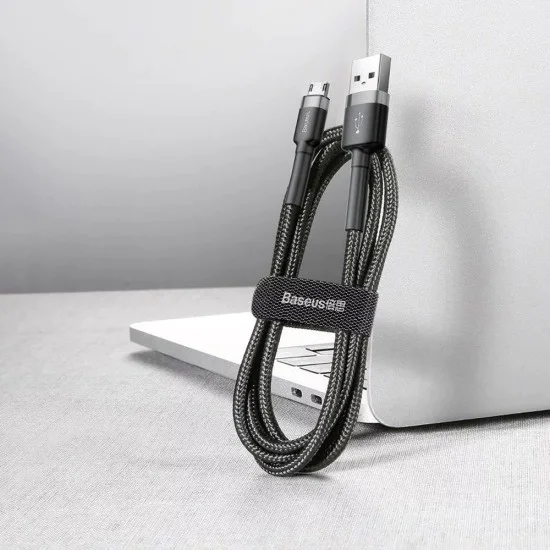 Baseus - Кабел за данни Cafule Series Metal (CAMKLF-BG1) - USB към Micro-USB, 2.4A, Бързо зареждане, Найлонова оплетка, Велкро, 1 м - Черен