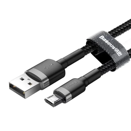 Baseus - Кабел за данни Cafule Series Metal (CAMKLF-BG1) - USB към Micro-USB, 2.4A, Бързо зареждане, Найлонова оплетка, Велкро, 1 м - Черен