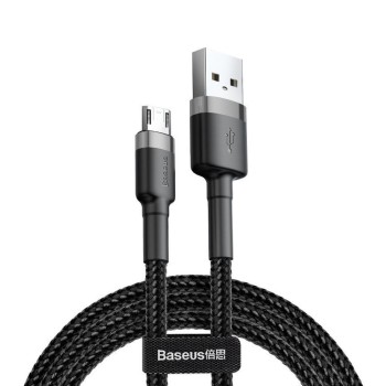 Baseus - Кабел за данни Cafule Series Metal (CAMKLF-BG1) - USB към Micro-USB, 2.4A, Бързо зареждане, Найлонова оплетка, Велкро, 1 м - Черен