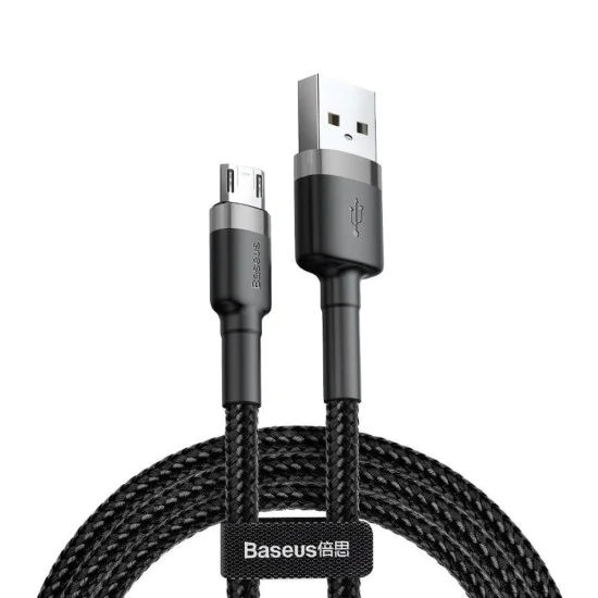Baseus - Кабел за данни Cafule Series Metal (CAMKLF-BG1) - USB към Micro-USB, 2.4A, Бързо зареждане, Найлонова оплетка, Велкро, 1 м - Черен