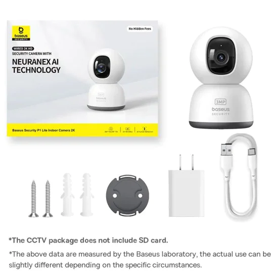 Baseus - Вътрешна охранителна камера P1 Lite (S0TV002132) - 2K, 3MP, Type-C, Двупосочен разговор, Нощно виждане, Цифрово увеличение - Бяла