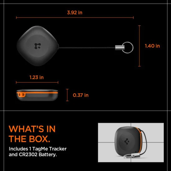 Spigen - Bluetooth Tracker TagMe - за iPhone, Съвместим с Apple Find My, Anti-Loss, Вградена каишка и О-пръстен - Черен