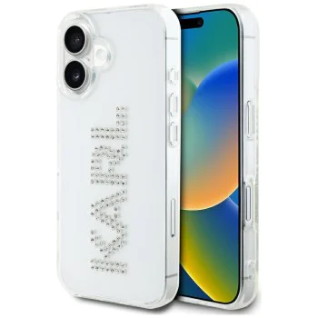 Калъф за iPhone 16 – Карл Лагерфелд – IML Rhinestones (KLHCP16SHKLSTDCT) – Прозрачно лого