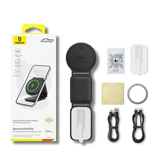 Baseus - Стойка за кола с безжично зареждане PrimeTrip C02 (C40169003211-00) - Магнитна дръжка за табло, 15W - Лунно бяло
