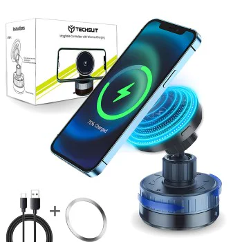 Стойка за кола HOLD253 – Techsuit Premium с безжично зареждане, магнити MagSafe N52, стойка за табло – черна