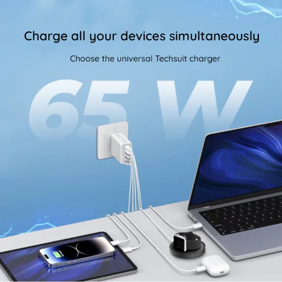 Techsuit - Премиум стенно зарядно PentaXPower (CHC2) - Включен кабел Type-C, 3x USB QC 3.0, 2x Type-C PD 20W, 65W, 1m - Бял