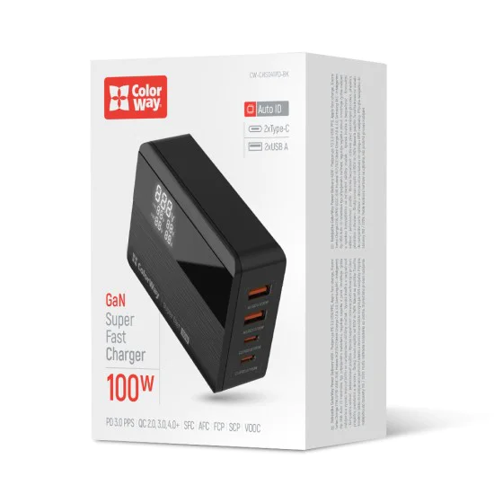 Адаптер за кабел за зарядно (CW-CHS041PD-BK) за 2xUSB QC, 2xType-C PD3.0 PPS, Huawei FCP, VOOC, 100W, LED дисплей - ColorWay -  - Черен