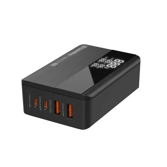 Адаптер за кабел за зарядно (CW-CHS041PD-BK) за 2xUSB QC, 2xType-C PD3.0 PPS, Huawei FCP, VOOC, 100W, LED дисплей - ColorWay -  - Черен