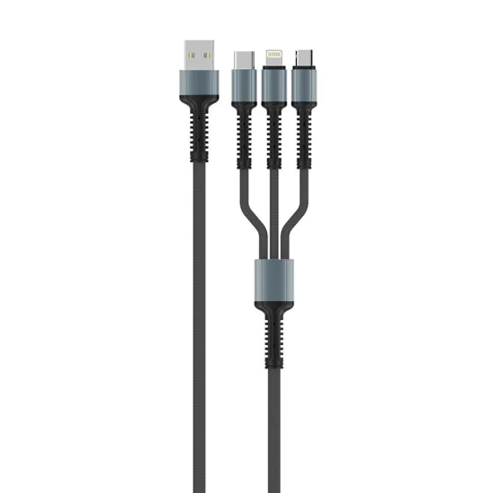 Кабел за данни 4в1 (CW-CBU3003-GR) - ColorWay - USB към Lightning + Micro-USB + Type-C, 20W, 4A, Найлон, 1.2 м - Сив
