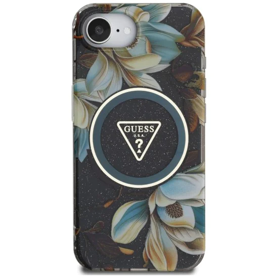 Guess - IML Metal Glitter Flowers Triangle MagSafe (GUHMPSE4HFLPEDK) - iPhone 16e - Черен