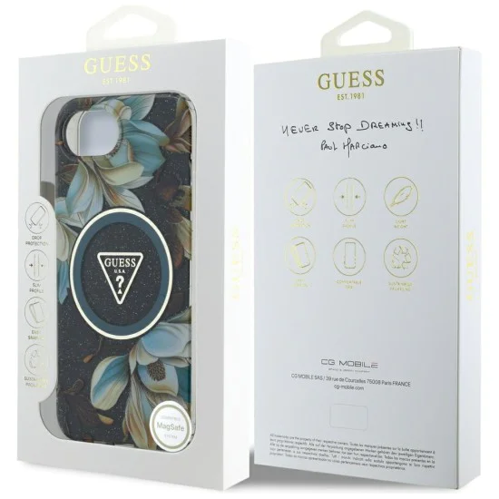 Guess - IML Metal Glitter Flowers Triangle MagSafe (GUHMPSE4HFLPEDK) - iPhone 16e - Черен