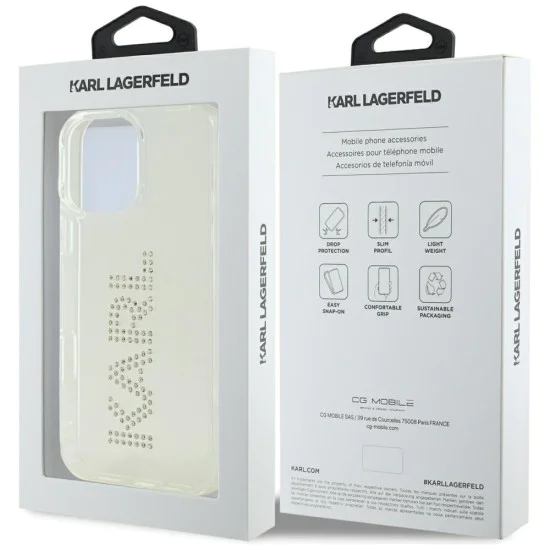 Калъф за iPhone 16 Pro – Карл Лагерфелд – IML Rhinestones (KLHCP16LHKLSTDCT) – Прозрачно лого