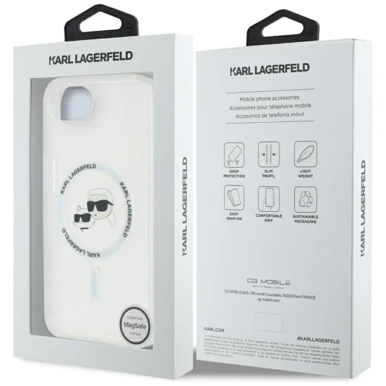 Калъф за iPhone 16e – Карл Лагерфелд – IML MagSafe (KLHMPSE4HLSKCH) – Бяла метална глава Karl&Choupette
