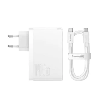 3в1 ЕС зарядно устройство, 140 W, кабел Type-C, 1 m - Baseus GaN5 Pro (CCGP100202) - бял
