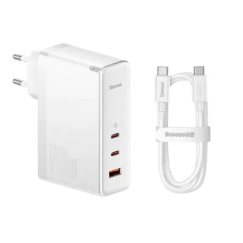 3в1 ЕС зарядно устройство, 140 W, кабел Type-C, 1 m - Baseus GaN5 Pro (CCGP100202) - бял