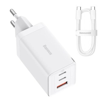 3в1 ЕС зарядно устройство, 65 W, кабел Type-C - Baseus GaN5 Pro (CCGP120202) - бял