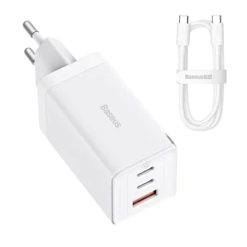 3в1 ЕС зарядно устройство, 65 W, кабел Type-C - Baseus GaN5 Pro (CCGP120202) - бял