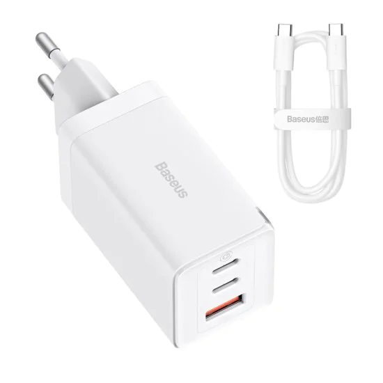 3в1 ЕС зарядно устройство, 65 W, кабел Type-C - Baseus GaN5 Pro (CCGP120202) - бял
