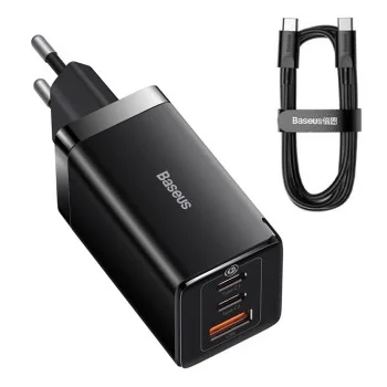 EU Charger 3in1, 65W, Type-C кабел - Baseus GaN5 Pro (CCGP120201) - черен
