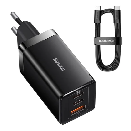EU Charger 3in1, 65W, Type-C кабел - Baseus GaN5 Pro (CCGP120201) - черен