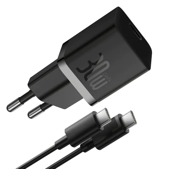 Зарядно устройство Type-C, бързо зареждане, GaN, 30W + Type-C кабел, 100W, 1m - Baseus (P1011090902113-00) - Cluster Black