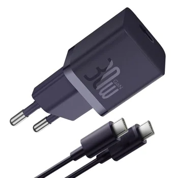 Зарядно устройство Type-C, бързо зареждане, GaN, 30W + кабел Type-C, 100W, 1m - Baseus (P1011090902523-00) - среднощно лилаво