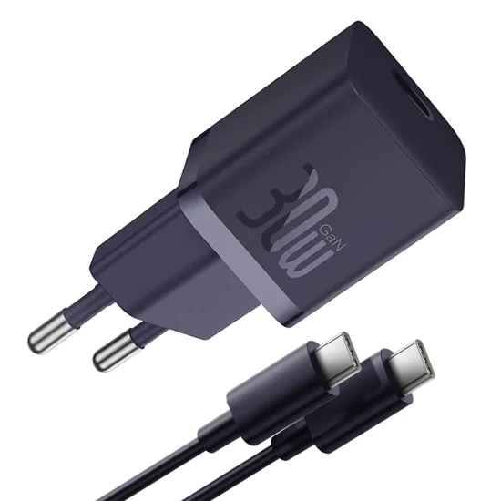 Зарядно устройство Type-C, бързо зареждане, GaN, 30W + кабел Type-C, 100W, 1m - Baseus (P1011090902523-00) - среднощно лилаво