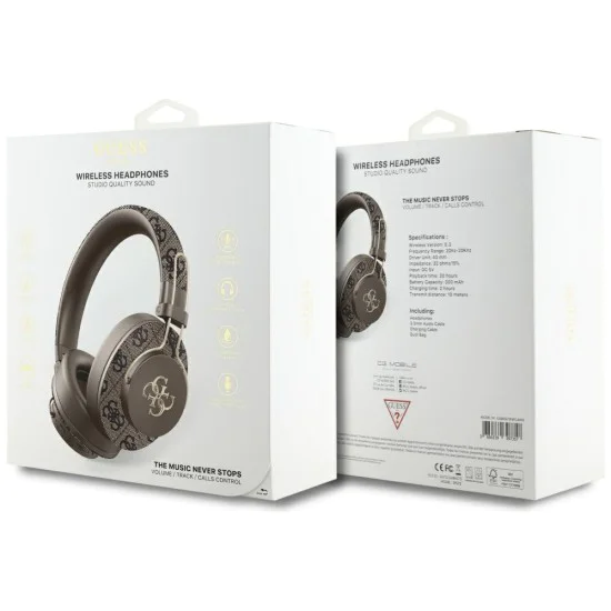 Guess - Безжични слушалки 4G Metal Logo (GUBHS72P4FC4MW) - Bluetooth 5.3, ENC, USB-C, Еко-кожа, На ушите, 300mAh - Кафяви