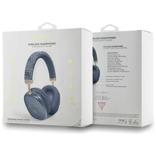 Guess - Безжични слушалки 4G Gold Triangle Logo (GUBHK1P4TPB) - Bluetooth 5.3, USB-C, AUX, On-ear, 400mAh, IPX4 - Син