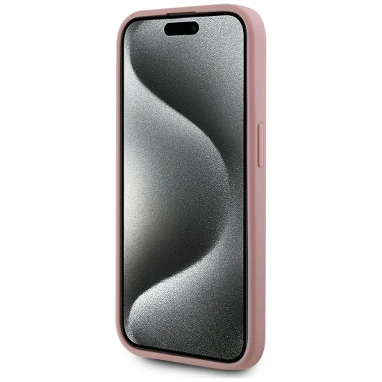 Калъф за iPhone 15 Pro – Карл Лагерфелд – Твърд кожен калъф (KLHCP15LPFMFBKMP) – Розов метален подпис