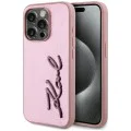 Калъф за iPhone 15 Pro – Карл Лагерфелд – Твърд кожен калъф (KLHCP15LPFMFBKMP) – Розов метален подпис