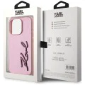 Калъф за iPhone 15 Pro Max - Карл Лагерфелд - Твърд кожен калъф (KLHCP15XPFMFBKMP) - розов метален подпис