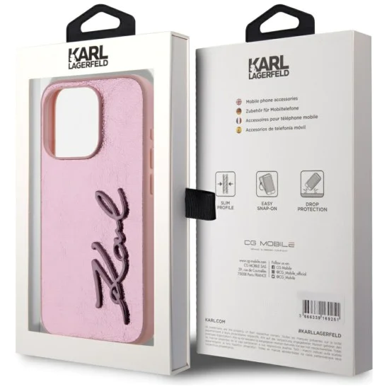 Калъф за iPhone 15 Pro Max - Карл Лагерфелд - Твърд кожен калъф (KLHCP15XPFMFBKMP) - розов метален подпис