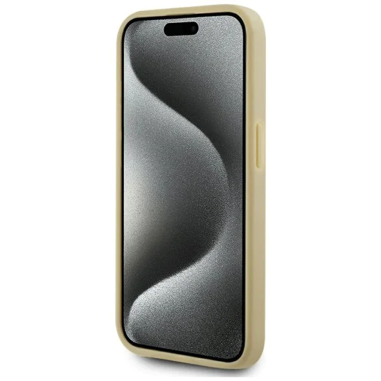Калъф за iPhone 15 Pro – Карл Лагерфелд – Твърд кожен калъф (KLHCP15LPFMFBKMD) – Златен метален подпис