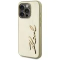Калъф за iPhone 15 Pro – Карл Лагерфелд – Твърд кожен калъф (KLHCP15LPFMFBKMD) – Златен метален подпис