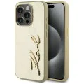 Калъф за iPhone 15 Pro – Карл Лагерфелд – Твърд кожен калъф (KLHCP15LPFMFBKMD) – Златен метален подпис