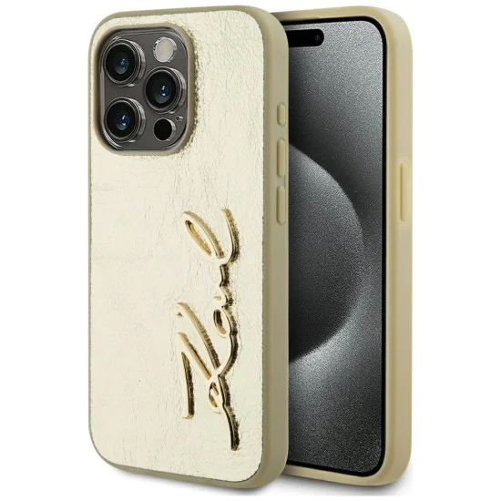 Калъф за iPhone 15 Pro – Карл Лагерфелд – Твърд кожен калъф (KLHCP15LPFMFBKMD) – Златен метален подпис