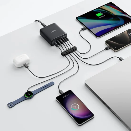 Зарядно за стена (A2154G11) - Anker - 3x USB-A, 3x Type-C, 6в1, бързо зареждане, тънък дизайн, 112W - Черно