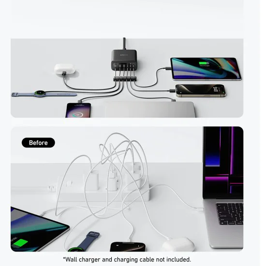 Зарядно за стена (A2154G11) - Anker - 3x USB-A, 3x Type-C, 6в1, бързо зареждане, тънък дизайн, 112W - Черно