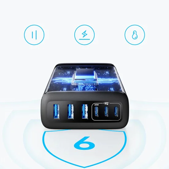 Зарядно за стена (A2154G11) - Anker - 3x USB-A, 3x Type-C, 6в1, бързо зареждане, тънък дизайн, 112W - Черно