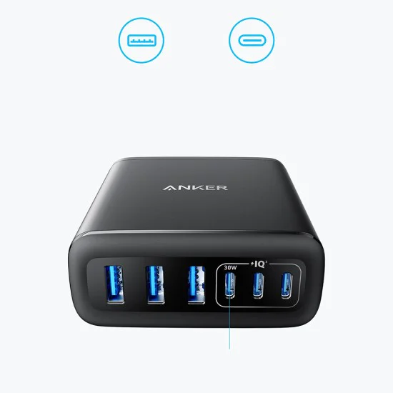 Зарядно за стена (A2154G11) - Anker - 3x USB-A, 3x Type-C, 6в1, бързо зареждане, тънък дизайн, 112W - Черно