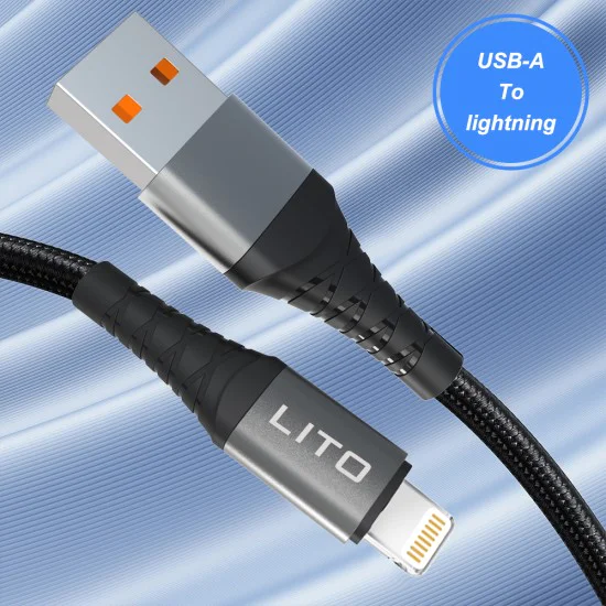 Lito - Кабел за данни (LD08L) - USB-A към Lightning, бързо зареждане, 2,4 A, 2 м - черен
