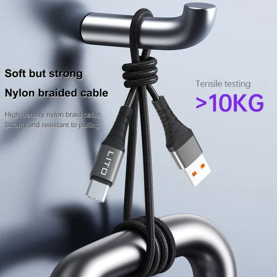 Lito - Кабел за данни (LD08T) - USB-A към Type-C, бързо зареждане, 2,4 A, 2 м - черен