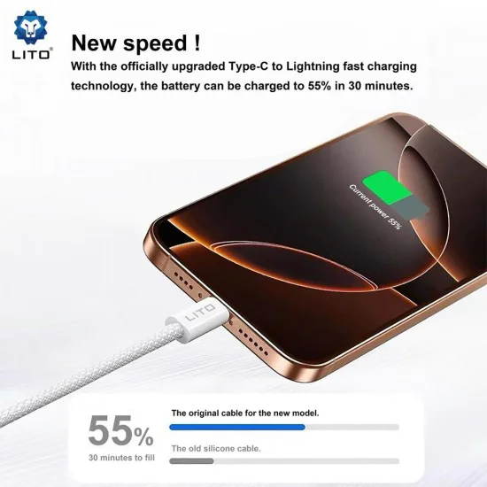 Lito - Кабел за данни (LD04) - Type-C към Lightning Fast Charging PD60W, 1m - Бял
