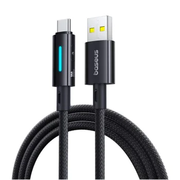 Baseus - Кабел за данни с осветен кабел (P10379002121-00) - USB към Type-C, 100W, бързо зареждане, LED светлина, управление с бутони, 1 м - Космическо черно