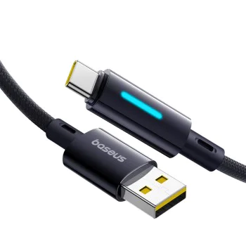Baseus - Кабел за данни с осветен кабел (P10379002121-01) - USB към Type-C, 100W, бързо зареждане, LED светлина, управление с бутони, 2 м - Космическо черно