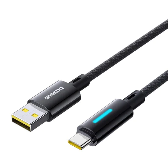 Baseus - Кабел за данни с осветен кабел (P10379002121-01) - USB към Type-C, 100W, бързо зареждане, LED светлина, управление с бутони, 2 м - Космическо черно