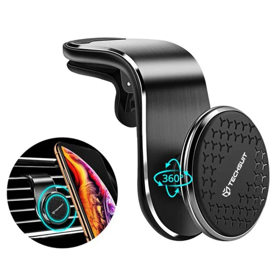 Techsuit - Стойка за кола AirGrip (S8) - Водопадна форма, магнитна N52 сигурна ръкохватка, за вентилационен отвор, скоба за ръкохватка - черно / сребристо