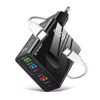 Techsuit - Премиум стенно зарядно PentaXPower (CHC1) - Включен кабел Type-C, 3x USB, 2x Type-C PD 25W, 65W, GaN, 1m - Черен