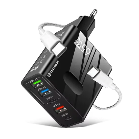 Techsuit - Премиум стенно зарядно PentaXPower (CHC1) - Включен кабел Type-C, 3x USB, 2x Type-C PD 25W, 65W, GaN, 1m - Черен